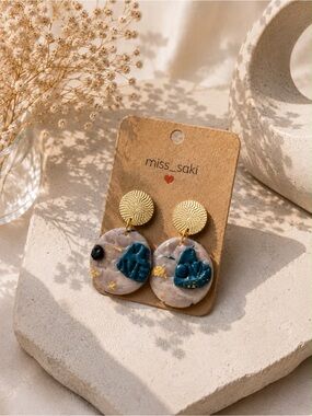 Teal & Beige Resin 'Love' Drop Earrings with Gold Accents